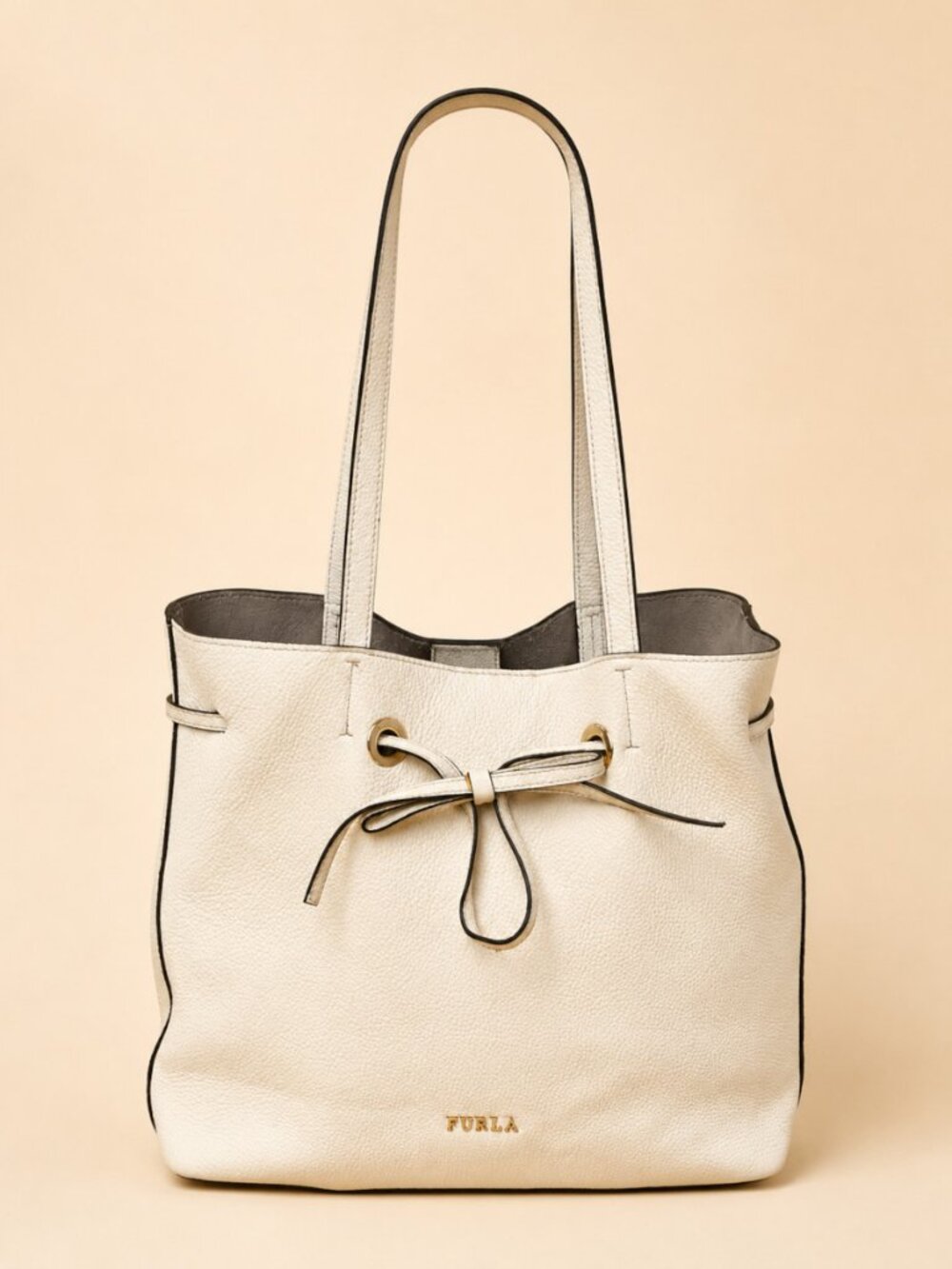 Furla Costanza F7339 Ivory Pebbled Leather Drawstring Bucket Tote Shoulder Bag - Picture 4 of 11